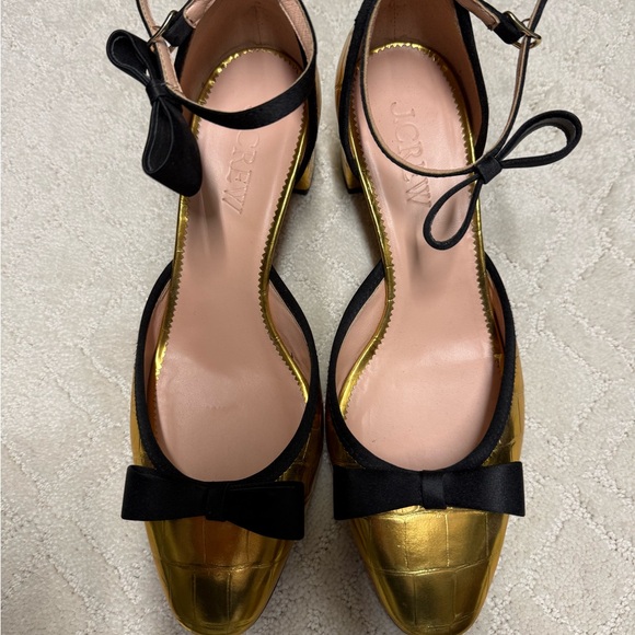 J.Crew Millie Bow Ankle-Strap Heels in gold metallic croc-embossed leather. - Picture 4 of 6